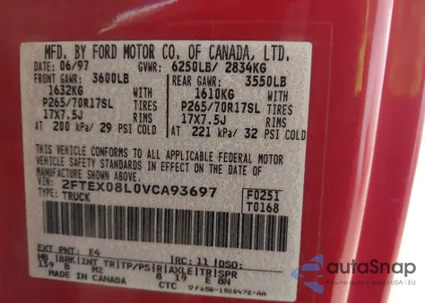 1997 Ford F-150 Lariat/Xl/Xlt из США, поврежденный, VIN 2FTEX08L0VCA93697